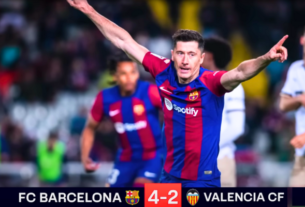 Valencia Vs Barcelona: Lewandowski celebrates scoring a crucial goal in the La Liga showdown.