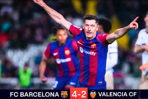 Valencia Vs Barcelona: Lewandowski celebrates scoring a crucial goal in the La Liga showdown.