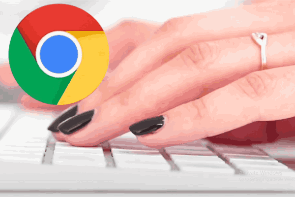 Hands typing on a keyboard, highlighting various keyboard shortcuts for Google Chrome.