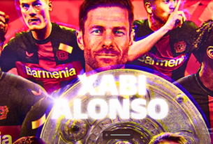 A poster featuring Bayer Leverkusen team members, with Xabi Alonso in the center, symbolizing their journey to the Europa League final.