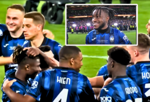 Ademola Lookman celebrating after scoring a goal in the Europa League final, leading Atalanta to a historic 3-0 victory over Bayer Leverkusen.