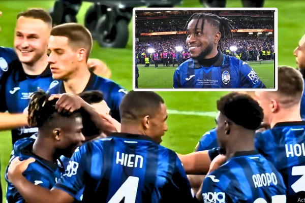 Ademola Lookman celebrating after scoring a goal in the Europa League final, leading Atalanta to a historic 3-0 victory over Bayer Leverkusen.
