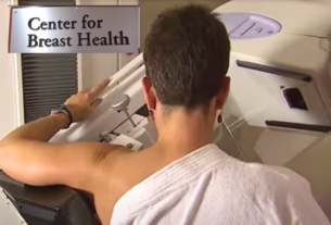 A mammogram machine with a woman undergoing a screening procedure. Regular mammograms starting at age 40 are recommended for early breast cancer detection.