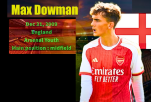 Portrait of Max Dowman, rising star of Arsenal, in his sports jersey.