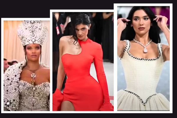 A glamorous crowd walks the red carpet at Met Gala 2024, showcasing stunning nature-inspired couture under the theme "The Garden of Time."