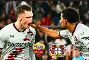Bayer Leverkusen celebrates victory over AS Roma in Europa League Semifinal First Leg - Roma Vs Leverkusen.