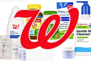 Walgreens logo overlaid on an image of store products including medicine, cosmetics, and health items.