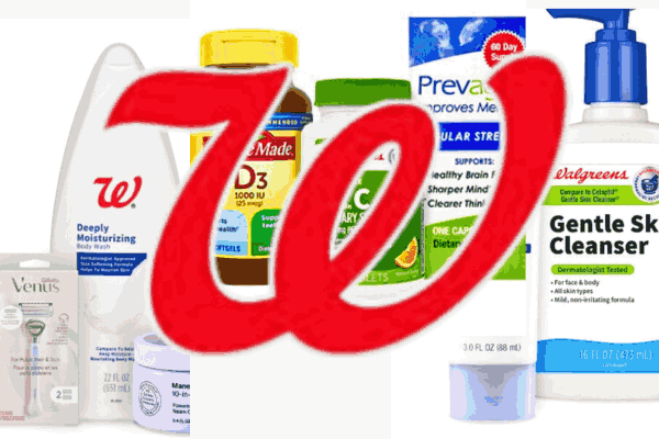 Walgreens logo overlaid on an image of store products including medicine, cosmetics, and health items.