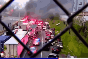 A fiery i95 crash on I-95 in Norwalk, Connecticut causes traffic disruption and emergency response.