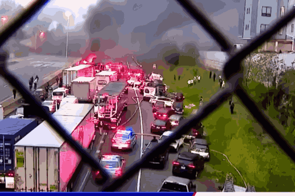 A fiery i95 crash on I-95 in Norwalk, Connecticut causes traffic disruption and emergency response.