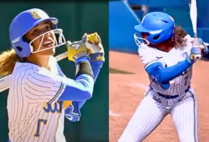 Maya Brady, UCLA softball star and niece of NFL legend Tom Brady, in action during a game.