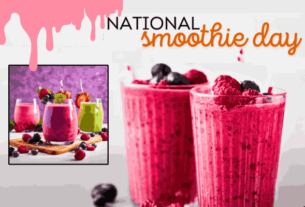 Colorful smoothies in glass jars with fresh fruits and vegetables, celebrating National Smoothie Day.