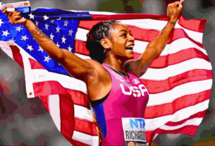 Sha'Carri Richardson crossing the finish line in victory at the U.S. Olympic Trials, securing her spot in the 2024 Olympics with a time of 10.71 seconds.