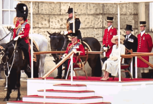 The British royal family standing on the Buckingham Palace balcony during Trooping the Colour 2024, with the Princess of Wales, King Charles III, and Queen Camilla.