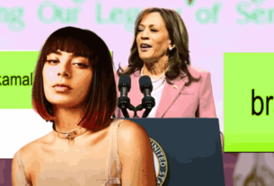 Charli XCX and Kamala Harris together, symbolizing the "Charli XCX Brat" endorsement and its impact on Harris's campaign among Gen Z voters.