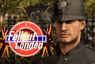 Gameplay scene from Fallout London mod showing players exploring a post-apocalyptic London with iconic landmarks in ruins.