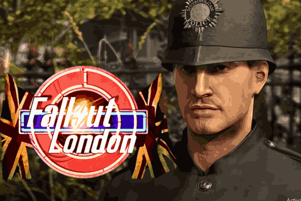 Gameplay scene from Fallout London mod showing players exploring a post-apocalyptic London with iconic landmarks in ruins.