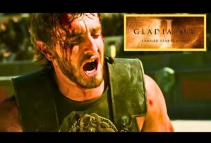 Epic scene from the Gladiator 2 trailer featuring intense combat in the coliseum with Lucius and other gladiators.