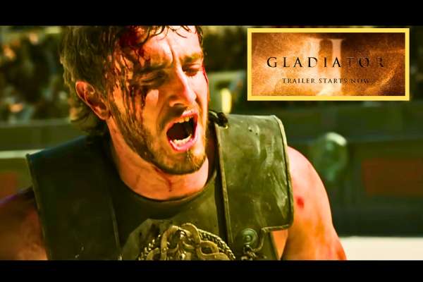 Epic scene from the Gladiator 2 trailer featuring intense combat in the coliseum with Lucius and other gladiators.