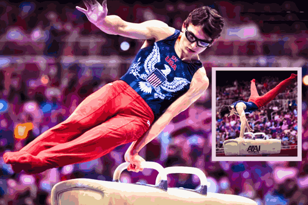 Stephen Nedoroscik performing on the pommel horse, showcasing his expertise and securing his spot on Team USA for the 2024 Paris Olympics.