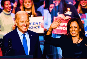 Vice-President Kamala Harris standing at a podium, addressing supporters after President Joe Biden announces his withdrawal from the Presidential Race.
