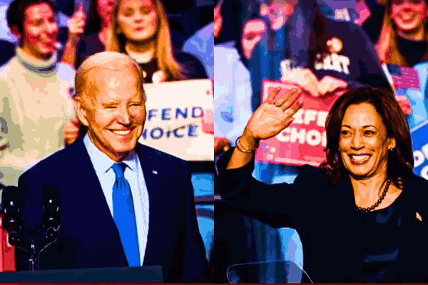 Vice-President Kamala Harris standing at a podium, addressing supporters after President Joe Biden announces his withdrawal from the Presidential Race.
