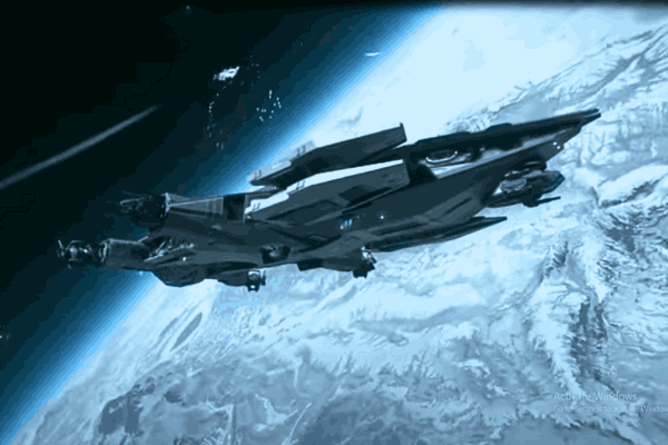 A detailed ship model flying in the expansive universe of Star Citizen gameplay during the Foundation Festival.