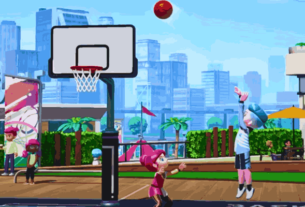 Nintendo Switch Sports game screen showcasing a basketball match with players using Joy-Con motion controls.
