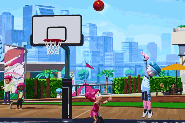 Nintendo Switch Sports game screen showcasing a basketball match with players using Joy-Con motion controls.