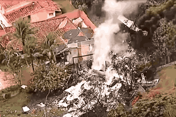 Aerial view of the aftermath of a devastating plane crash today near São Paulo, with wreckage scattered in a residential area.