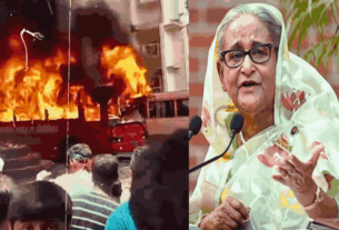 Portrait of Sheikh Hasina on the right, with a clip of violent protests on the left, symbolizing her dramatic exit amidst national unrest and military defiance.