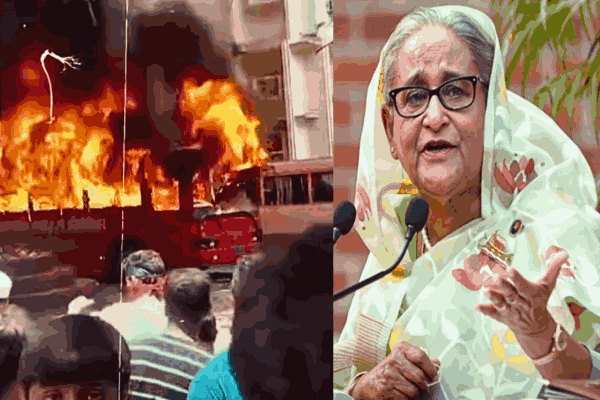 Portrait of Sheikh Hasina on the right, with a clip of violent protests on the left, symbolizing her dramatic exit amidst national unrest and military defiance.