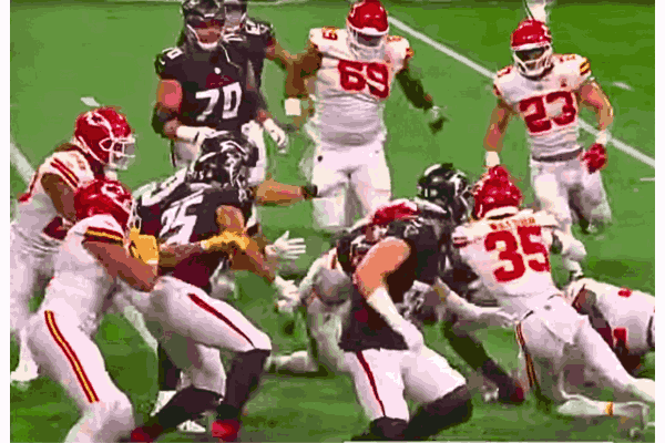 Patrick Mahomes leading the Kansas City Chiefs to victory against the Atlanta Falcons during the Chiefs vs Falcons game.