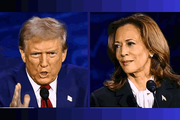 Kamala Harris and Donald Trump during the first Presidential Debate, showcasing contrasting leadership styles.
