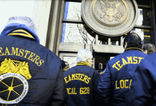 Teamsters Union leadership at a press conference announcing their decision to decline a 2024 presidential endorsement.