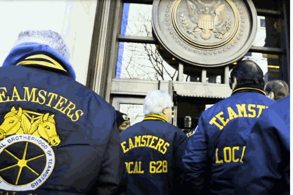 Teamsters Union leadership at a press conference announcing their decision to decline a 2024 presidential endorsement.