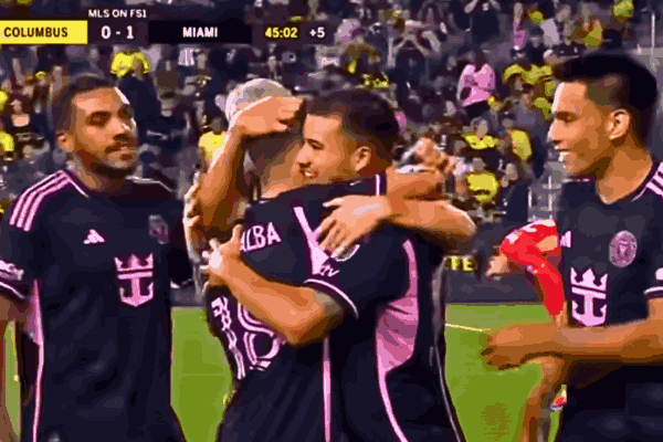 Lionel Messi celebrates victory with Inter Miami teammates during the Inter Miami vs Columbus match securing the 2024 MLS Supporters' Shield.