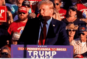 Donald Trump speaking at the Trump Pennsylvania Rally in Butler, with supporters gathered at the Butler Farm Show grounds ahead of the 2024 election.