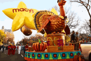 A vibrant scene from the Macy's Parade featuring iconic balloons and floats parading through Manhattan during the 2024 Thanksgiving celebration.