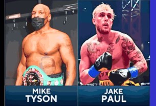 Jake Paul vs Mike Tyson face-off capturing the intense pre-fight atmosphere, showcasing the clash between the young contender and the legendary boxer.