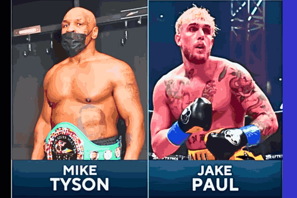 Jake Paul vs Mike Tyson face-off capturing the intense pre-fight atmosphere, showcasing the clash between the young contender and the legendary boxer.